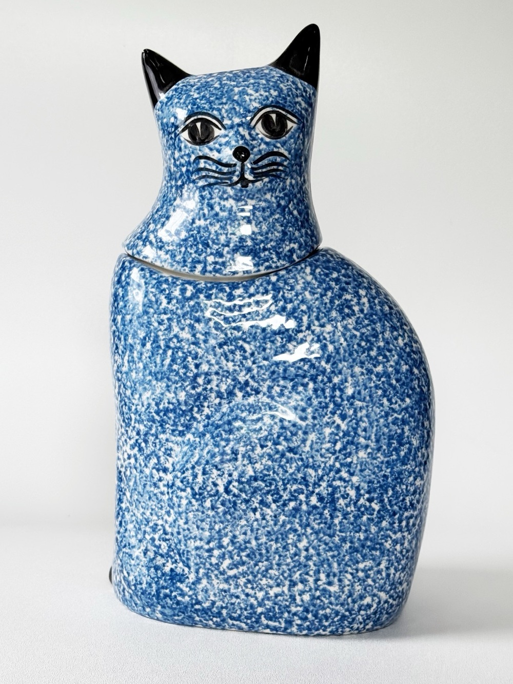 N.S. Gustin Co Blue Spongeware Porcelain Cat Cookie Jar - Picture 2 of 9